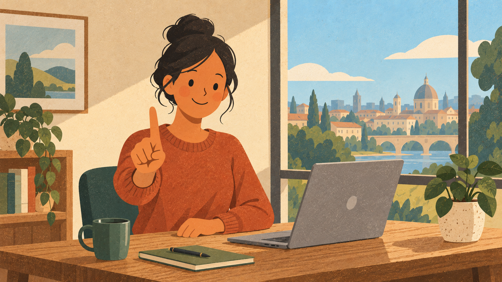 woman on desk pointing no finger